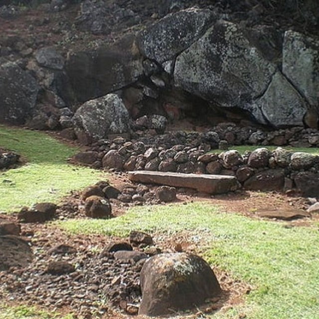 Pōhaku Hoʻohānau (birthing stone) and Pōhaku Piko (umbilical stone), Holoholokū Heiau complex. 